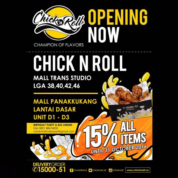 Promo Chick n Roll Champion of The Flavours, diskon 15% All items sampai dengan 31 Oktober 2016